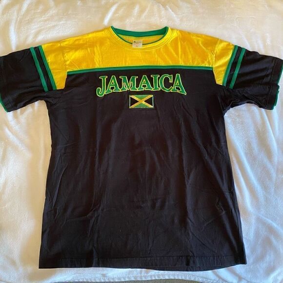 Island Tees Men's Striped Jamaican Short Sleeve T-Shirt Yellow Black Green XL - Picture 1 of 6